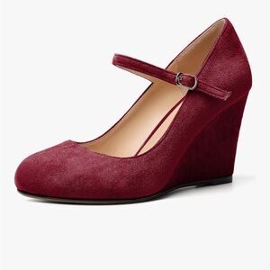 Burgundy Mary Jane Date Night Wedding Guest Comfortable Wedge Heels